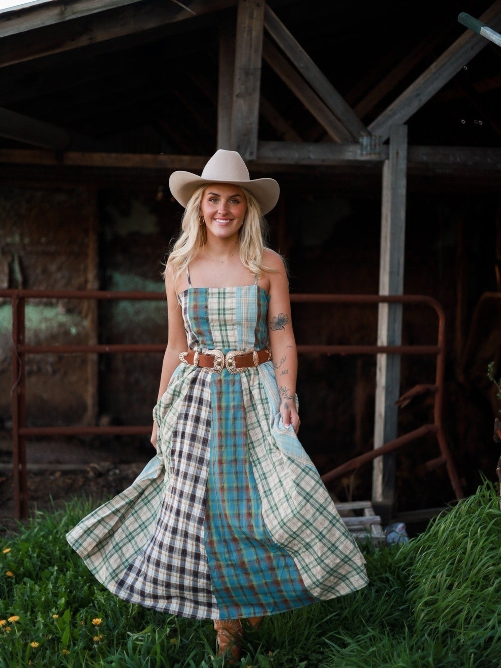 Shop Ivory Buck GiGio Teal Patchwork Plaid Square Neck Western Charm Midi Dress - Picture 4 of 15